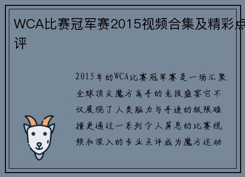 WCA比赛冠军赛2015视频合集及精彩点评